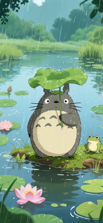 Totoro Holding a Lotus-leaf Umbrella in the Rain phone wallpaper