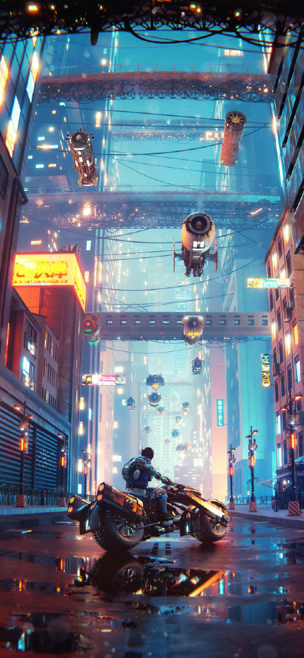 Rainy night ride in future city phone wallpaper