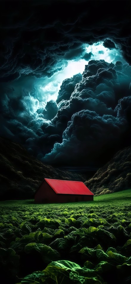Little red house under dark clouds phone wallpaper