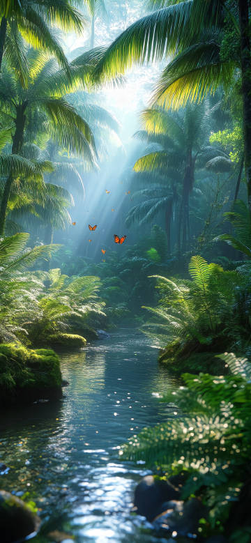 Tropical rainforest with butterflies phone wallpaper