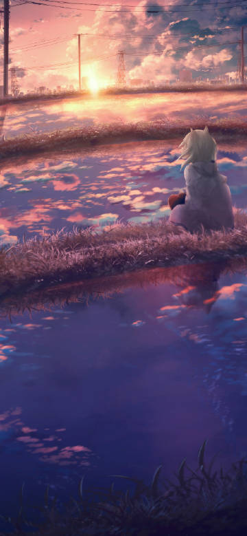 Anime Girl Enjoying Sunset by the Ponds phone wallpaper