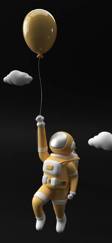 Cartoon astronaut pulling golden balloon levitating in space phone wallpaper