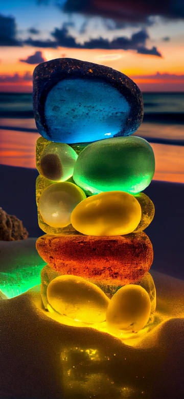 Colorful glowing stones stacked on the beach phone wallpaper