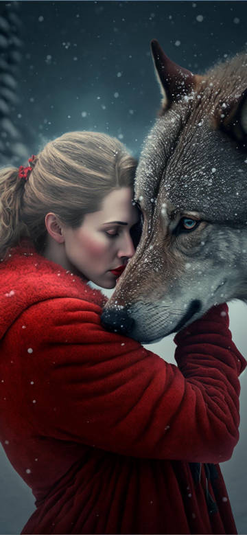 Woman and wolf in the snow phone wallpaper