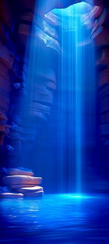 Blue cave waterfall fantasy scenery phone wallpaper