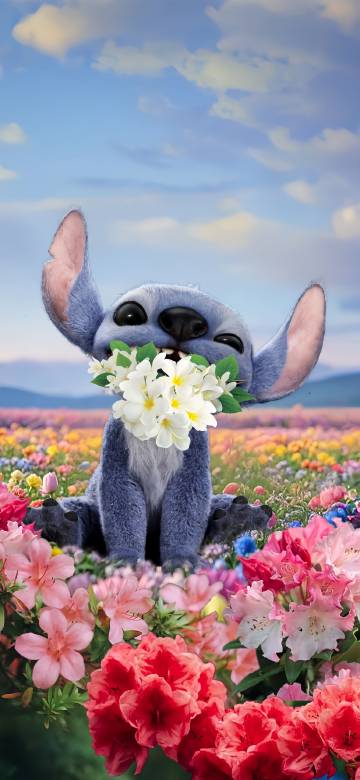 Cute Stitch Sitting in a Field of Flowers