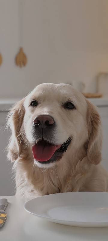 Happy Golden Retriever Sitting at Dinner Table 4K Happy Golden Retriever Sitting at Dinner Table 4K