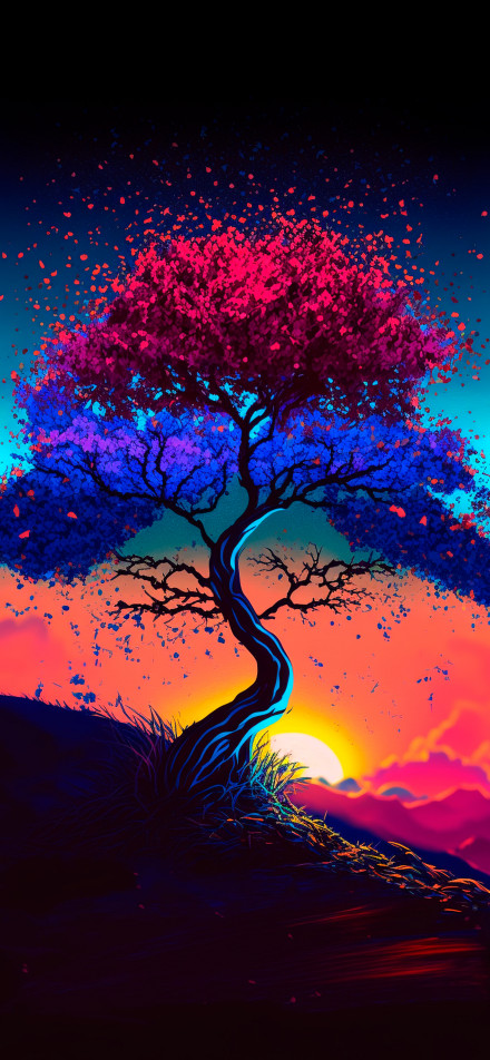 Fantasy colorful trees and sunset landscape illustration 4K Wallpaper