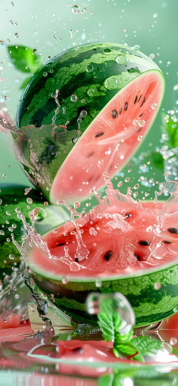 Watermelon cut in half with water splash effect phone wallpaper