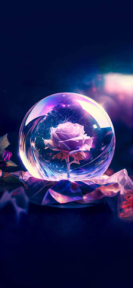 Purple Glowing Rose in Glass Sphere 4K Wallpaper