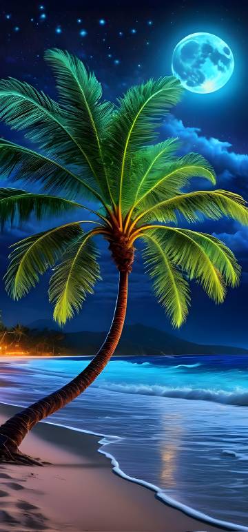 Tropical Beach and Palm Tree Under the Moon 4K Wallpaper