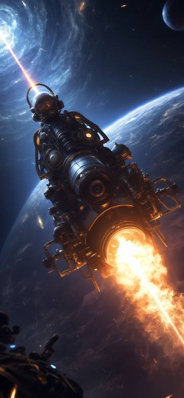 Vehicle flying above the Earth in a jet of flame