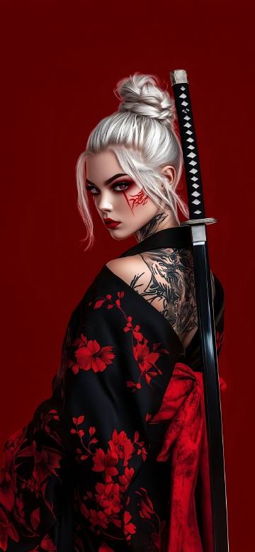 White-Haired Female Warrior with a Katana on Her Back 4K Wallpaper
