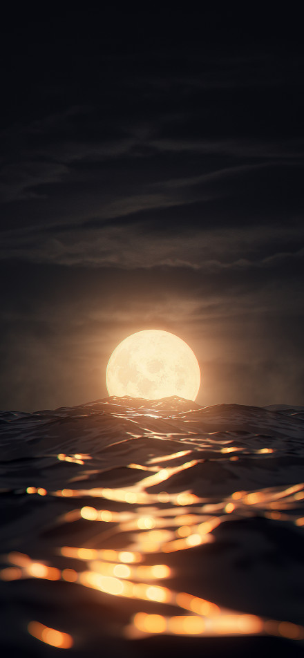 A full moon slowly rises above the tranquil sea phone wallpaper