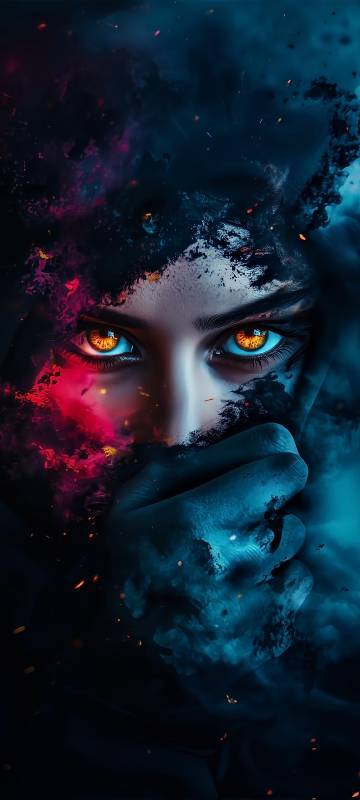 A Woman With Glowing Orange Eyes 4K Wallpaper