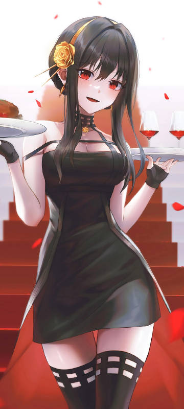 Anime girl holding a plate and a wine glass phone wallpaper