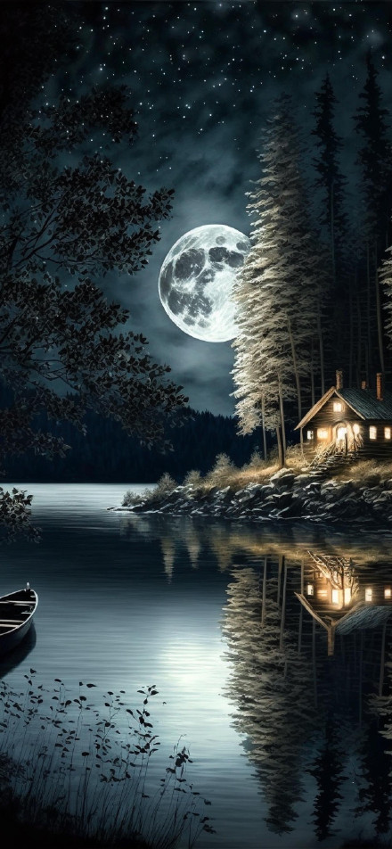 Warm wooden house under the lake and moonlight