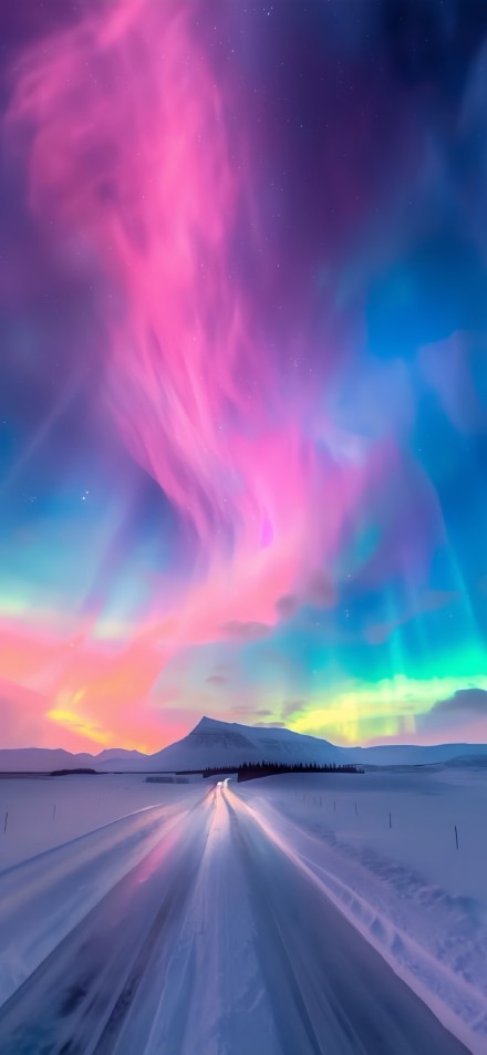 Colorful Aurora Over Snowy Road 4K Phone Wallpaper