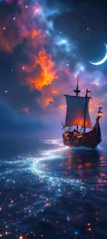 Shining waters and sailing ships under a starry sky