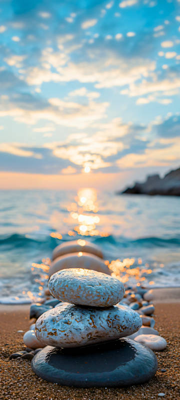 Stacked Pebbles on a Sunset Beach 4K Phone Wallpaper