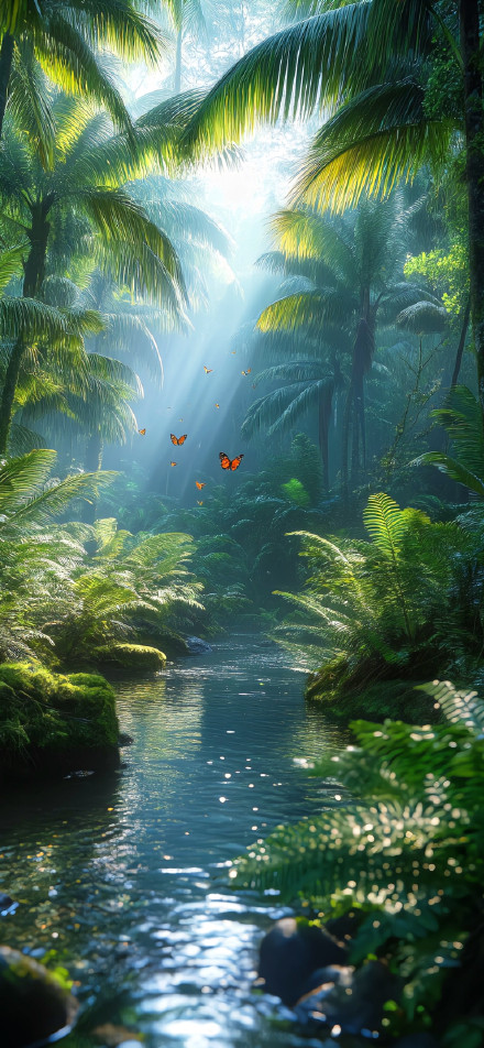 Tropical rainforest with butterflies phone wallpaper