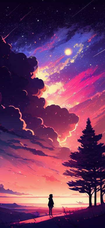 Anime Girl Watching Sunset Sky 4K Illustration Wallpaper