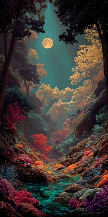 Fantasy Colorful Forest Under Moonlight 4K Wallpaper