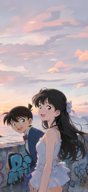 Seaside Conan and long-haired anime girl 4K wallpaper