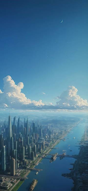 High-rise cityscape under blue sky and white clouds phone wallpaper