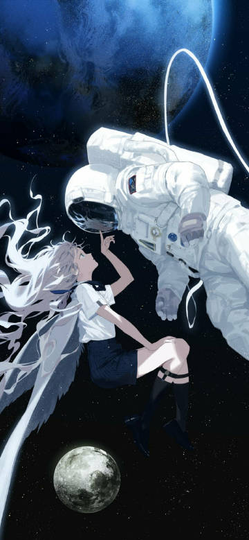 An astronaut and a young girl floating in the starry sky