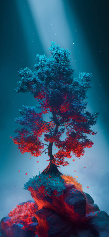 Glowing Tree on a Fantasy Rock Island 4K Wallpaper