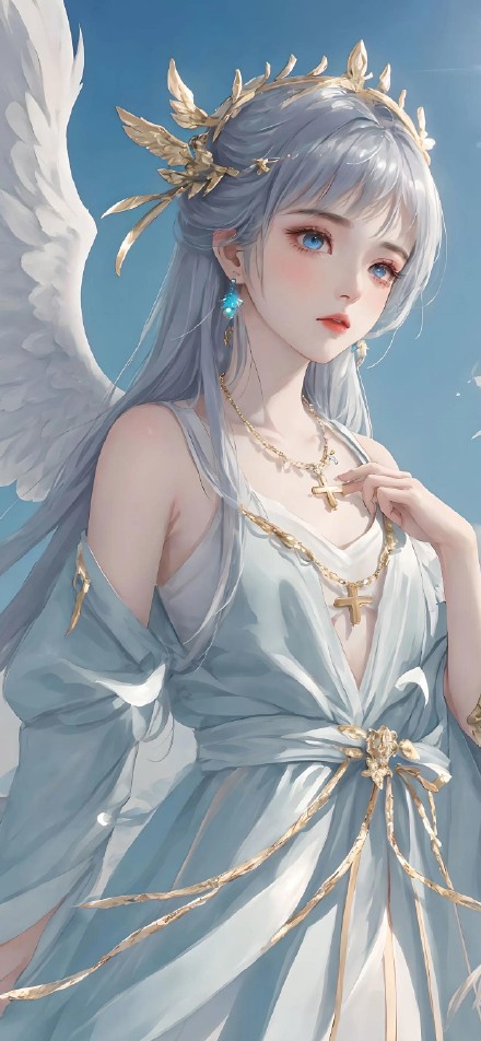 Beautiful Angel Girl with Silver-Blue Hair 4K Phone Wallpaper