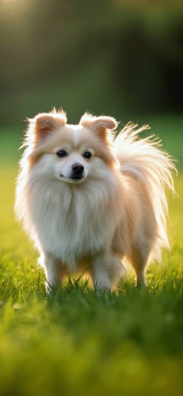 A cute dog standing on the sunny grass phone wallpaper