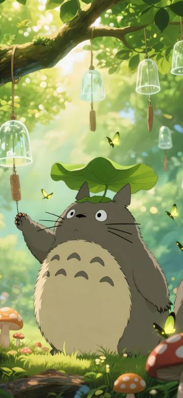 Totoro with a lotus leaf on his head cartoon Phone wallpaper