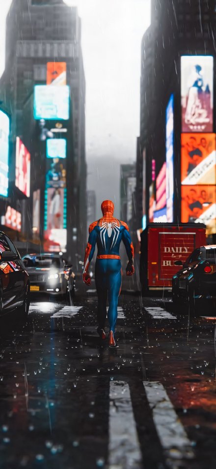 Spider-Man Walks Through The City Streets in The Rain 4K Wallpaper