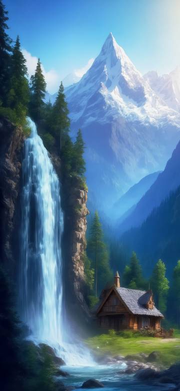 Snowy mountains landscape wallpaper: waterfalls, forests, small houses
