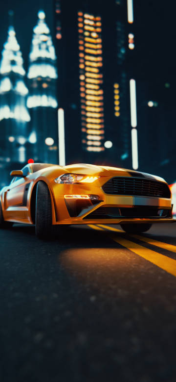 Golden sports car on night city road phone wallpaper
