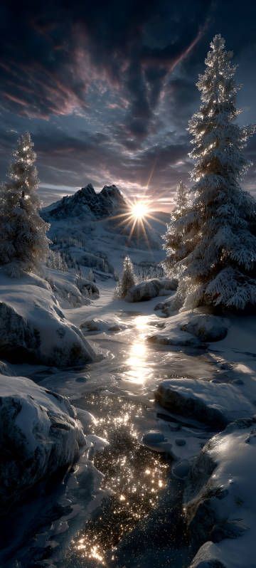 Winter Sunrise Over A Sparkling Frozen River 4K Wallpaper