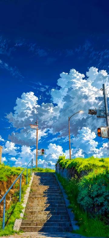 Hayao Miyazaki anime wallpaper, stone stairs under the blue sky