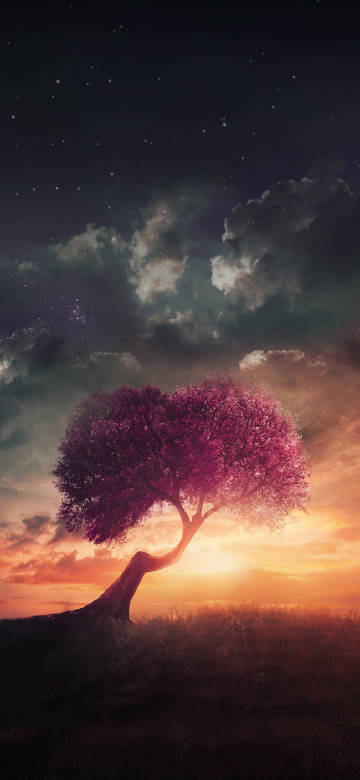 Dreamy purple tree in sunset glow phone wallpaper