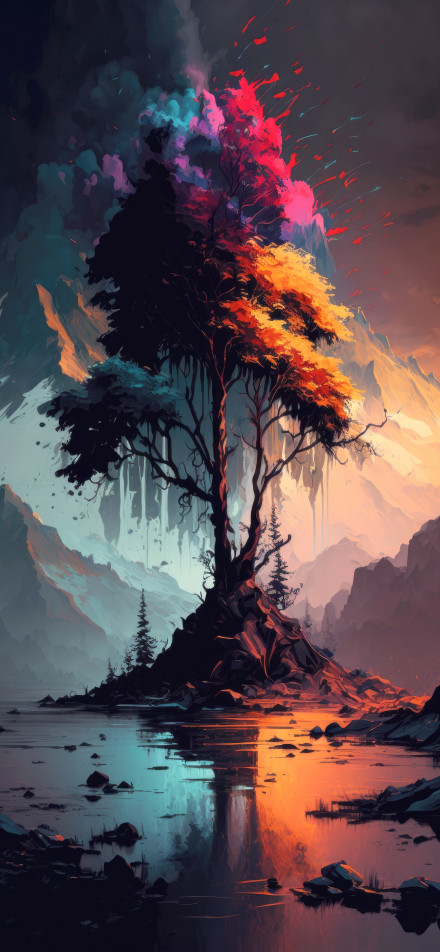 Colorful Magic Tree By A Mountain Lake