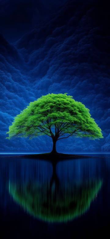 A green tree against a dark blue night sky phone wallpaper