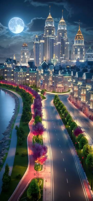 Dreamy city night scene under moonlight phone wallpaper