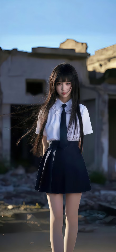 Cool Girl Standing in a Ruined Building 4K Phone Wallpaper