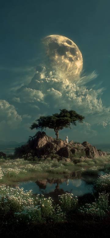 Beautiful Night Scene: Person and Tree Under Giant Moon 4K Wallpaper