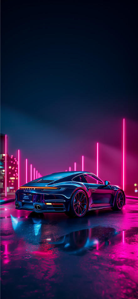 Neon Porsche 911 in Vibrant Night Scene 4K Wallpaper