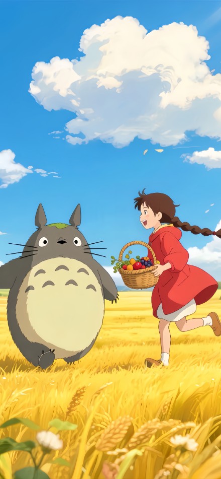 Totoro and little girl in the field phone wallpaper