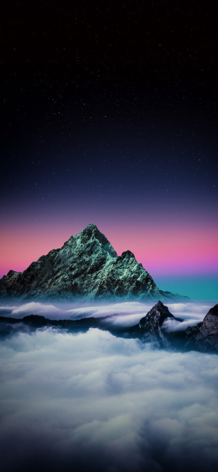 Dreamy mountain wallpaper: sea of clouds and gradient sky