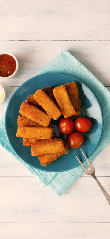 Fried food and cherry tomatoes on a blue plate phone wallpaper