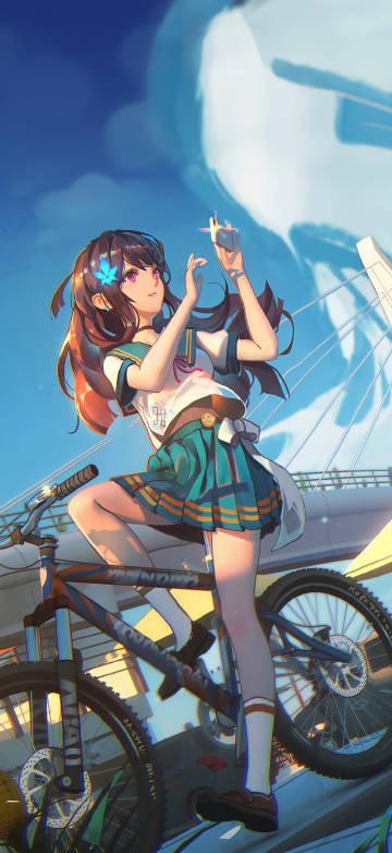Cute bicycle anime girl 4k phone wallpaper
